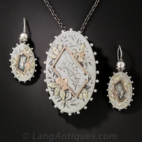 Victorian Silver Pendant/Brooch and Earrings.