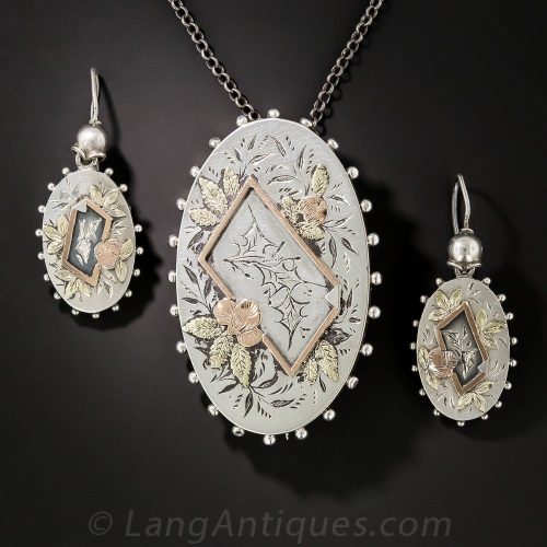 Large Victorian English Sterling Silver Leaf Motif Locket Pendant