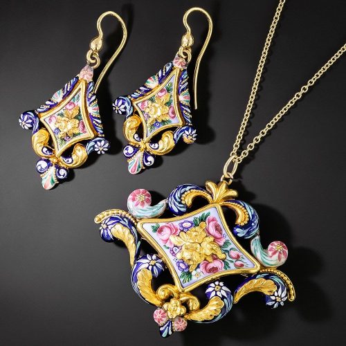 Victorian Swiss Enamel Suite, Earrings and Pendant Brooch. Victorian Swiss Enamel Suite, Earrings and Pendant/Brooch.