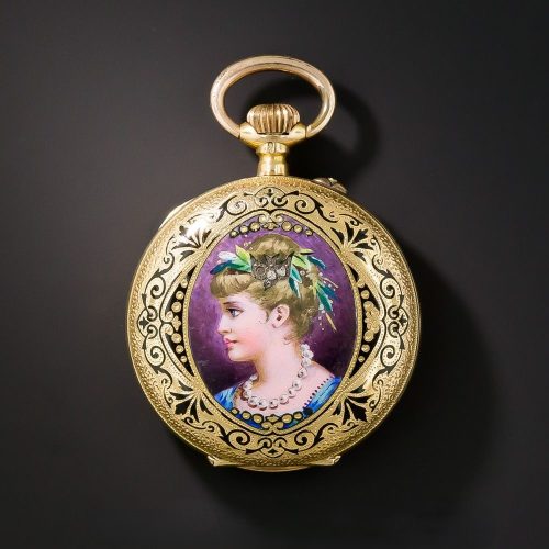 Victorian Swiss Enameled Portrait Pendant Watch. Victorian Swiss Enameled Portrait Pendant Watch.