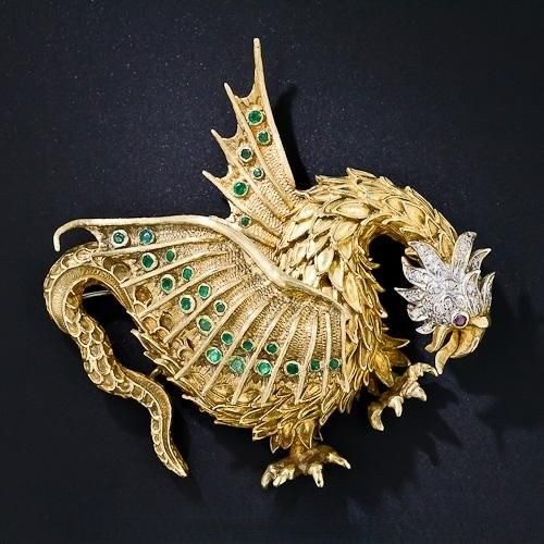 Diamond, Emerald, & Gold Cockatrice Brooch. Diamond, Emerald, & Gold Cockatrice Brooch.