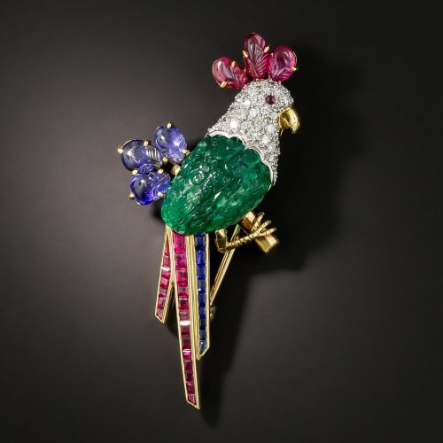 Vintage Diamond, Emerald, Ruby, and Sapphire Parrot Brooch, c.Mid-20th-Century.